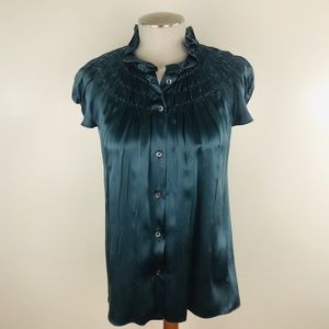 PRADA Teal Blue Silk Ruched cap sleeve blouse sz 8